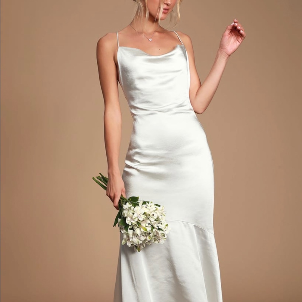 Medium white satin, cowl neck, skinny strap dress.